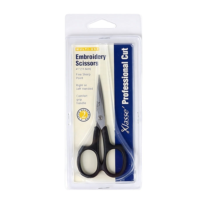 Small embroidery scissors with black handles and Klasse branding.