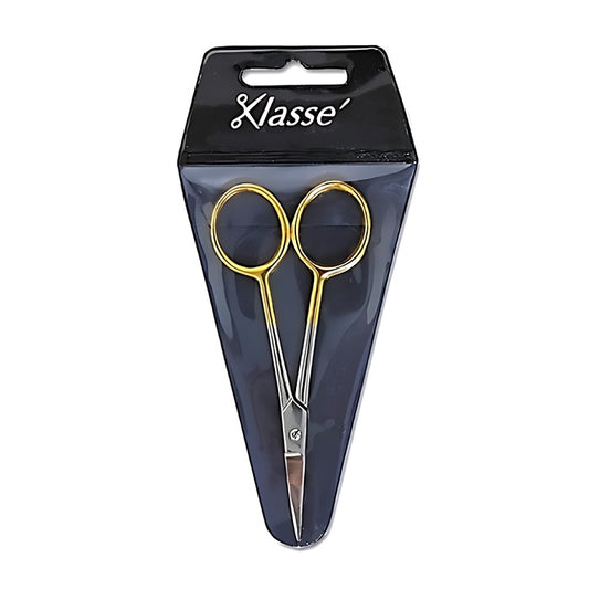 Small, fine, gold handled scissors with Klasse branding.