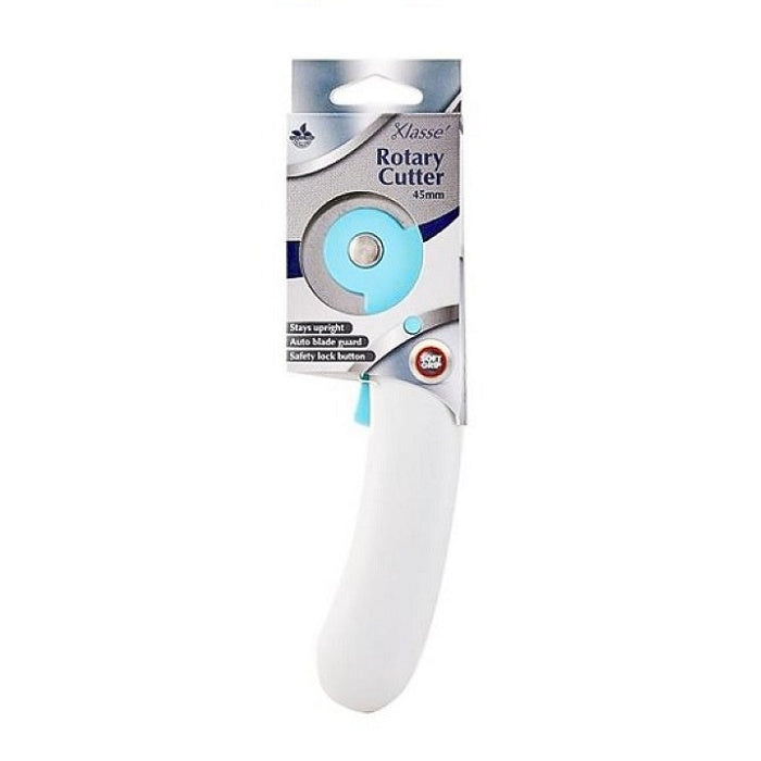 Rotary cutter with curved handle in Klasse packaging.