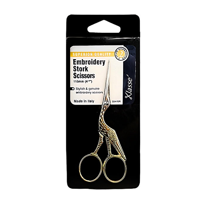 Stork design embroidery scissors with Klasse branding.