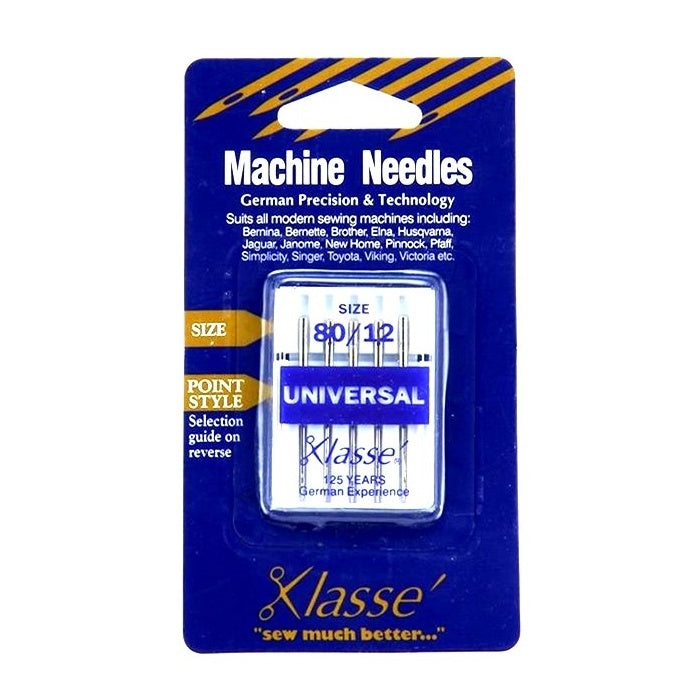 Machine needle pack on blue cardboard packaging.