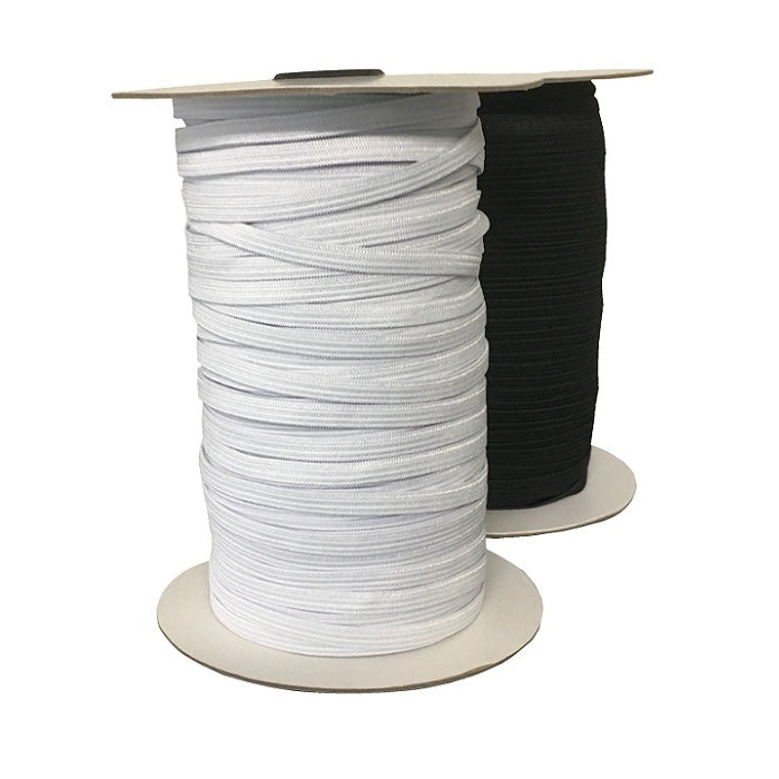 Two rolls of elastic in white and black.