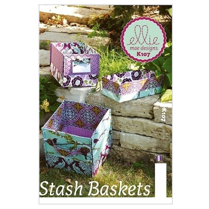 Sewing pattern cover with square fabric stash baskets.