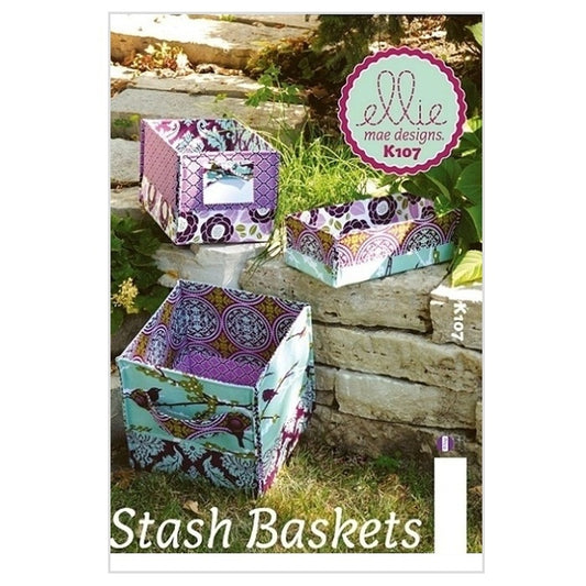 Sewing pattern cover with square fabric stash baskets.