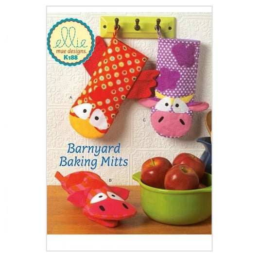Sewing pattern cover with colourful animal themed oven mitts.