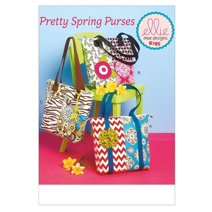Sewing pattern cover with multi coloured patchwork totes.