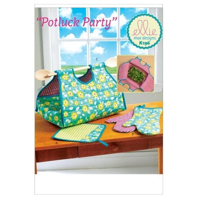 Sewing pattern cover with casserole carrier, pot holder and oven mitt.