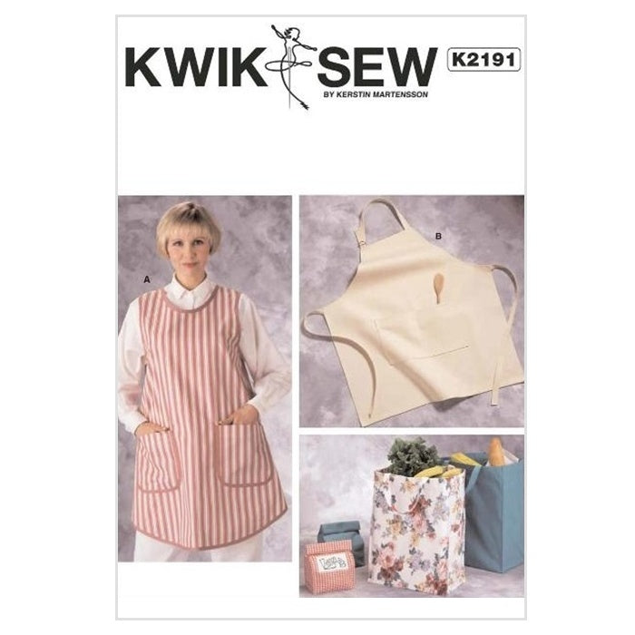 Sewing pattern cover with full aprons, shopping bags and lunch sacks.