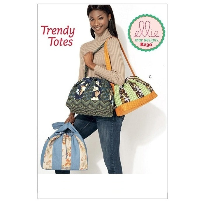 Sewing pattern cover with striped patchwork totes.