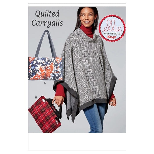 Sewing pattern cover with quilted bags with fabric or wooden handles.