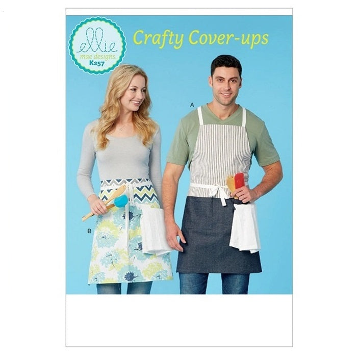 Sewing pattern cover with unisex full and half aprons.