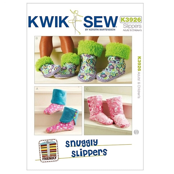 Sewing pattern cover with adults and childrens cuffed fabric slippers.