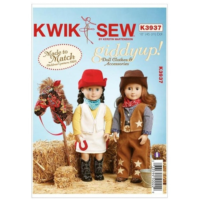 Sewing pattern cover with  cowgirl dolls clothes, hat and hobby horse.
