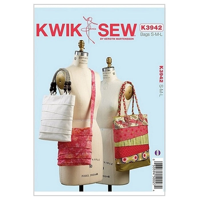 Sewing pattern cover with horizontal striped patchwork totes.