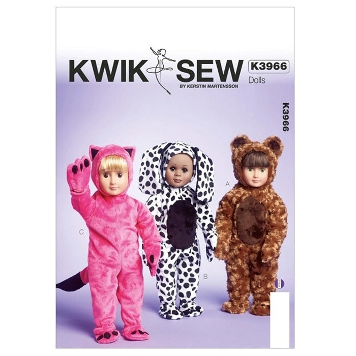 Sewing pattern cover with dolls animal costumes dog bear and cat.