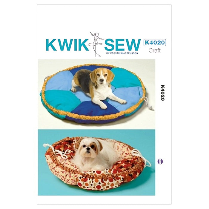 Sewing pattern cover with round patchwork dog beds in two designs.	

