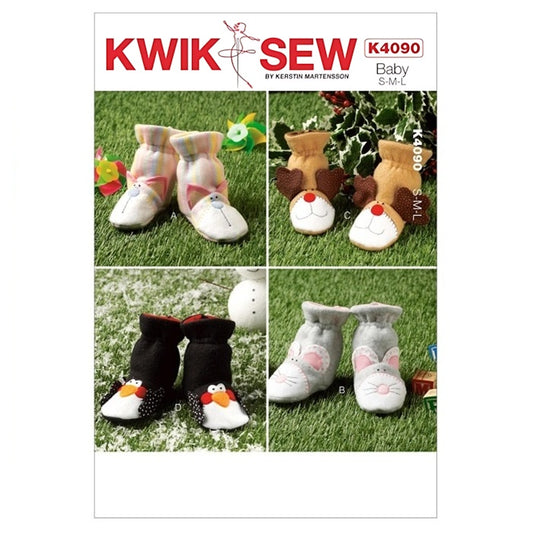 Sewing pattern cover with toddlers bootie slippers in anuimal designs.