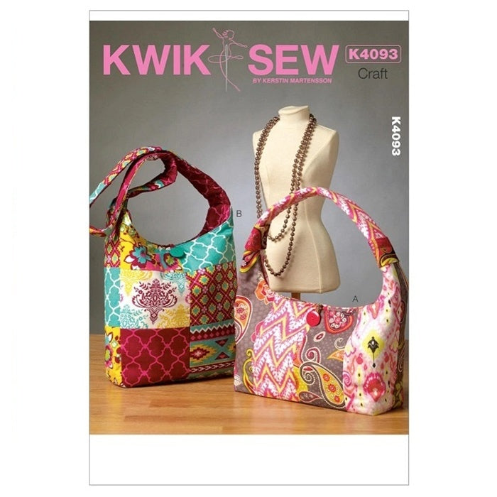 Sewing pattern cover with patchwork shoulder bags in two sizes.
