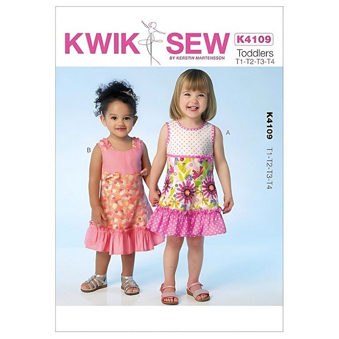 Pattern cover with toddlers sleeveless ruffled dresses in floral fabric.