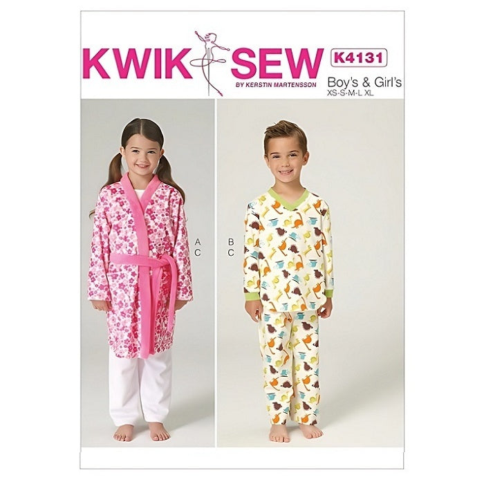 Pattern cover with childrens unisex robe and pyjamas.