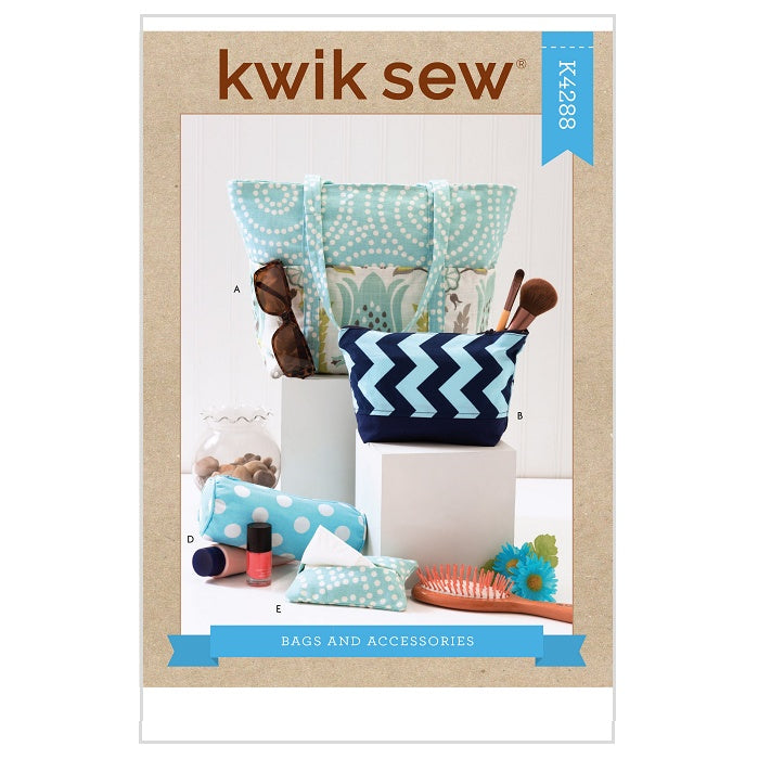 Sewing pattern cover with bags and cosmetic pouches.