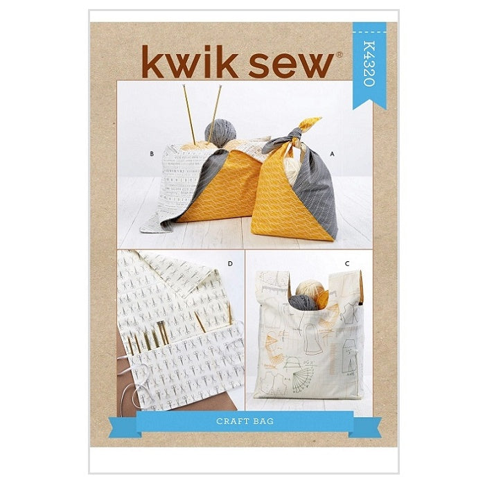 Sewing pattern cover with yarn and knitting needle bags.