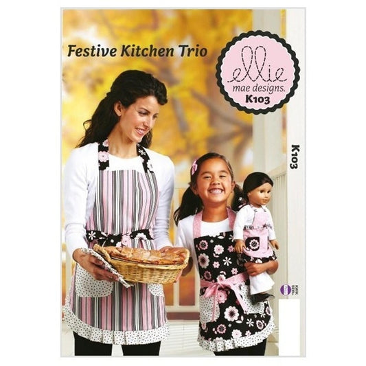 Sewing pattern cover with woman and girl wearing halter neck aprons.