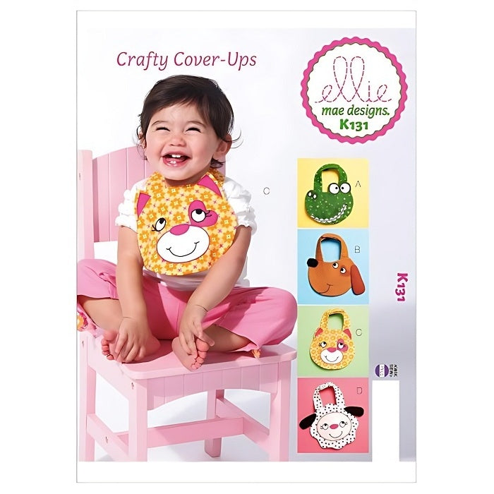 Pattern cover with smiling toddler on a chair wearing a bib.