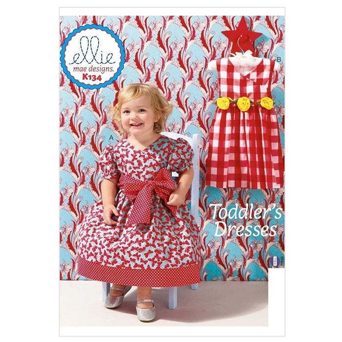 Pattern cover with toddler in red party dress with waistbow.