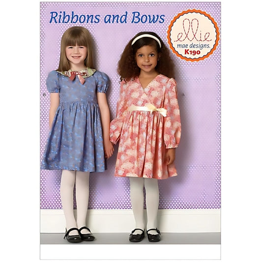 Pattern cover with children wearing dresses with ribbon embellishments.