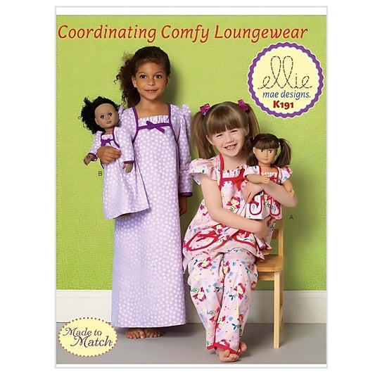 Pattern cover with children and dolls wearing matching pyjamas.