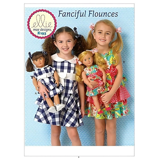 Pattern cover with childrens and dolls matching tiered dresses.