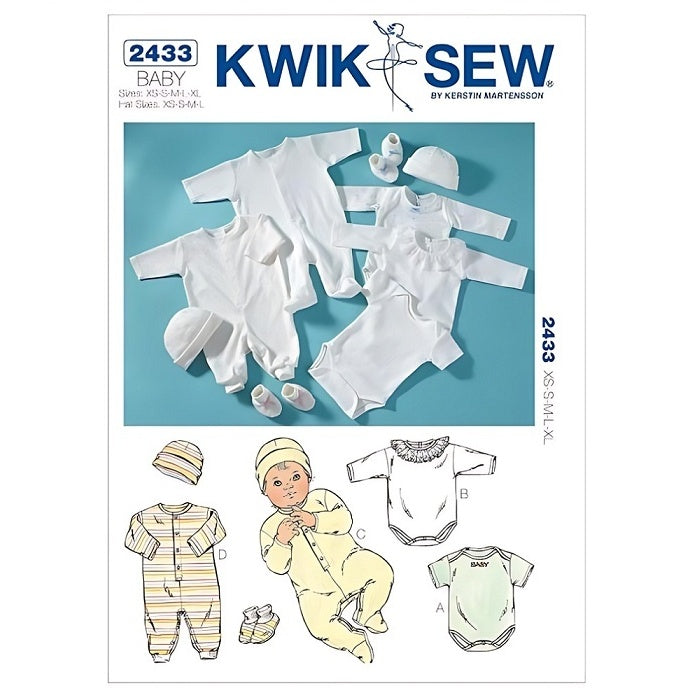 Pattern cover with babies interlock jumpsuits and caps.