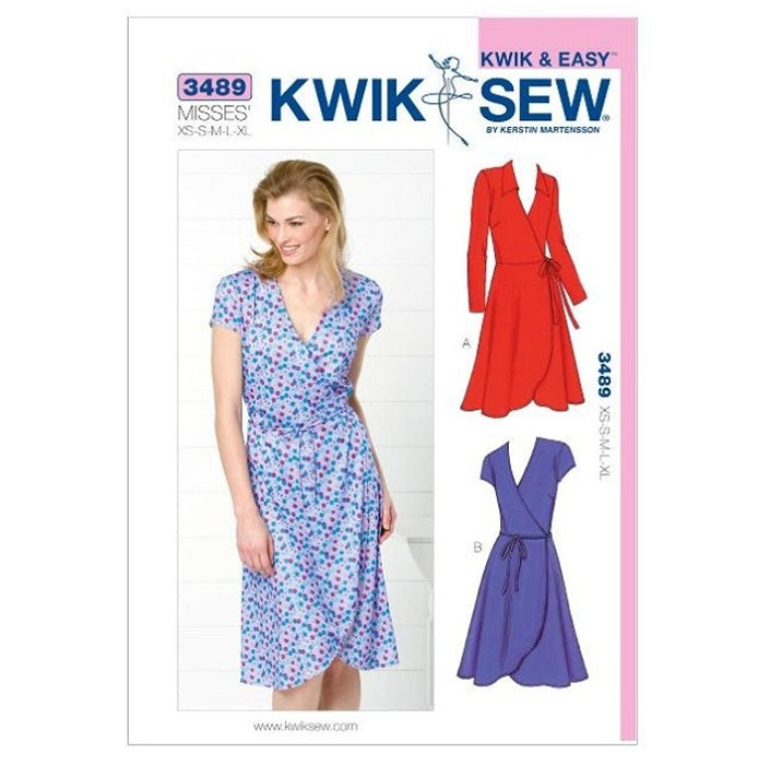 Sewing pattern cover with misses wrap dress in two sleeve lengths.