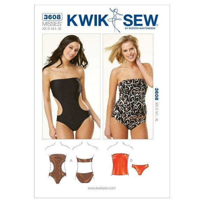 Sewing pattern cover with misses strapless swimming suit in two styles.