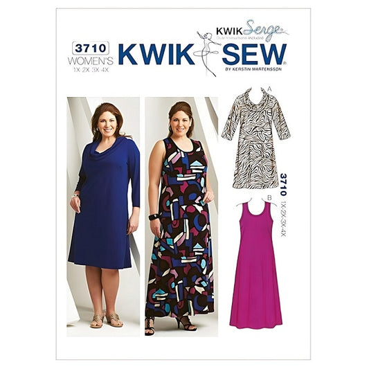 Sewing pattern cover with womens round and cowl neck dresses.