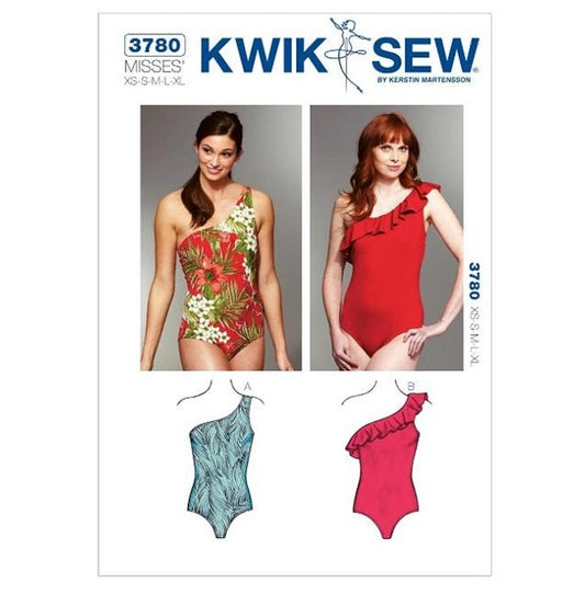 Sewing pattern cover with misses one shoulder swimsuit in plain and frilled.