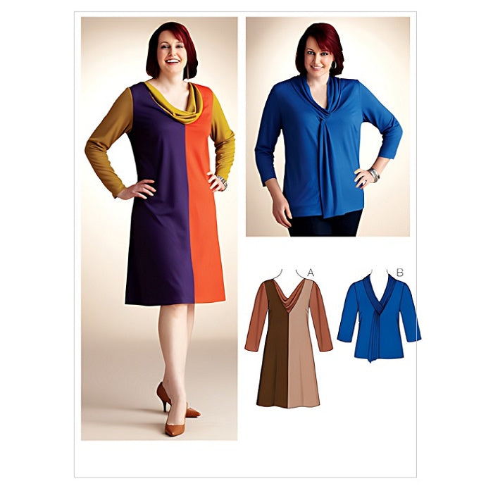 Sewing pattern cover with womens cowl neck dress and top.