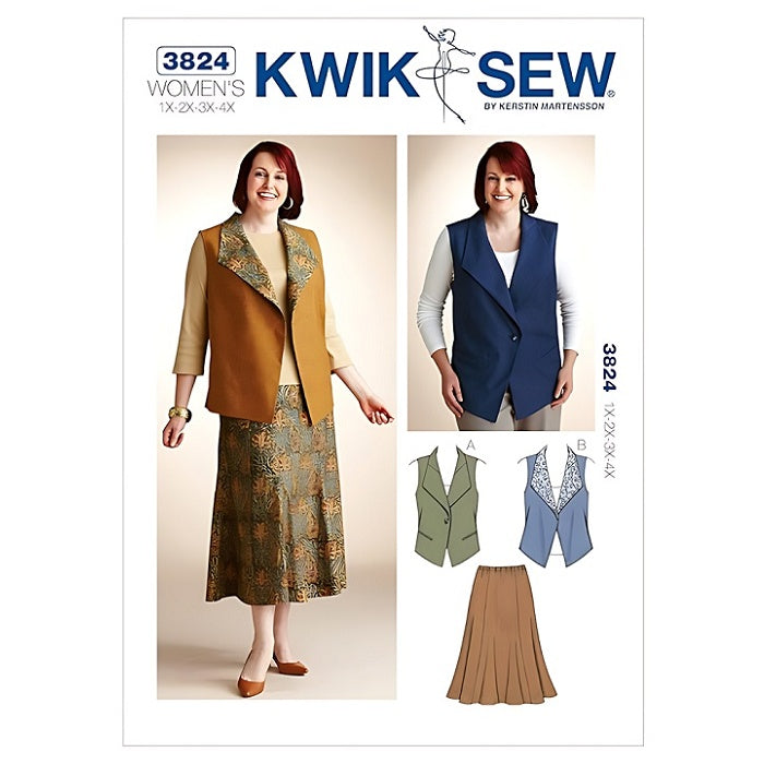 Sewing pattern cover with womens collared vest and skirt.