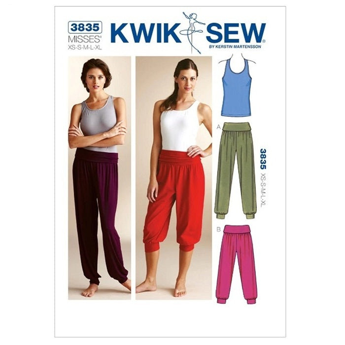 Sewing pattern cover with misses racer style back top and pants.
