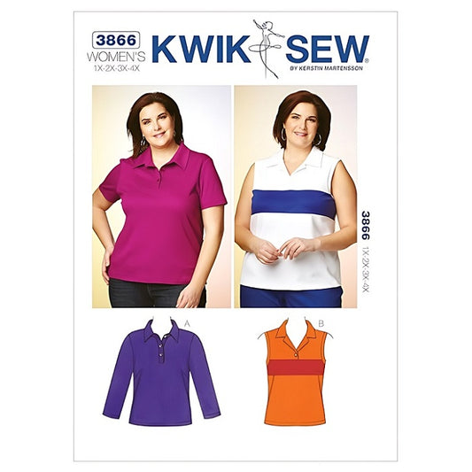 Sewing pattern cover with womens sleeved and sleeveless collared top.