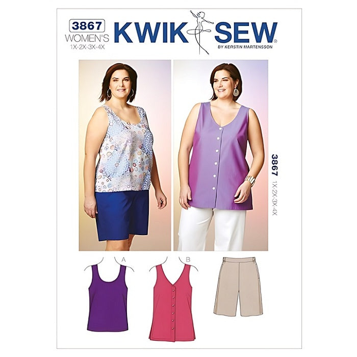 Sewing pattern cover with womens sleeveless top and shorts.