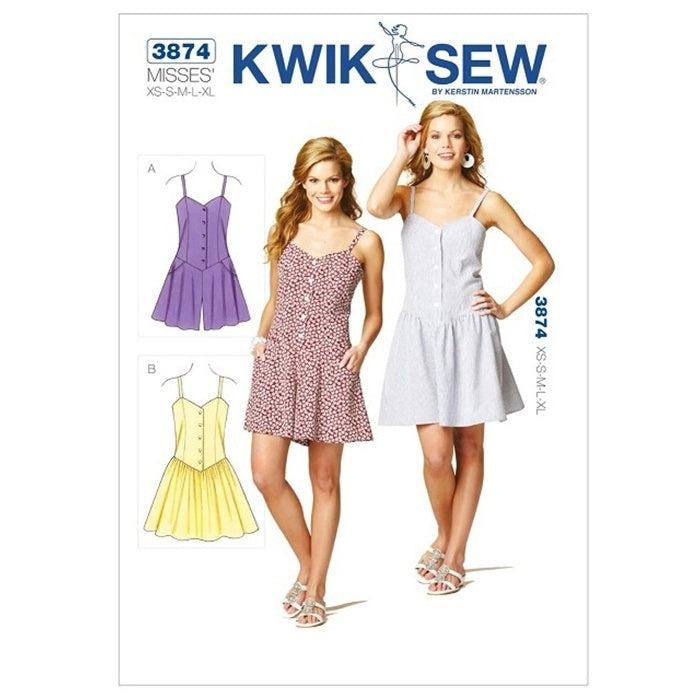 Sewing pattern cover with misses spaghetti strap romper and dress.