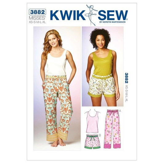 Sewing pattern cover with misses drawstring pants shorts and top.