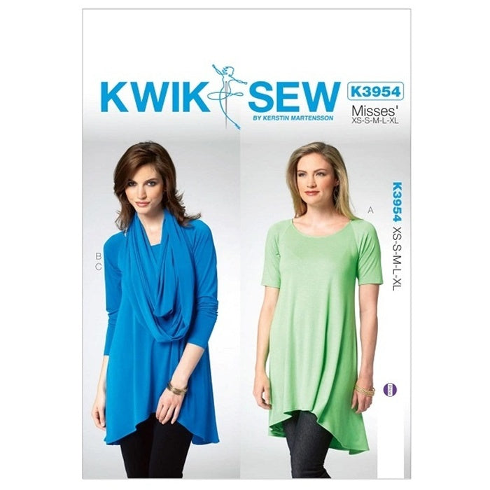 Sewing pattern cover with misses tunics in cowl and round neckline styles.