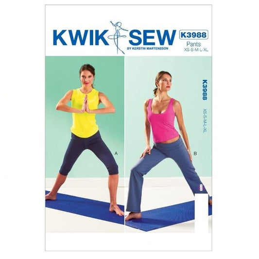 Sewing pattern cover with misses activewear pants in two lengths.