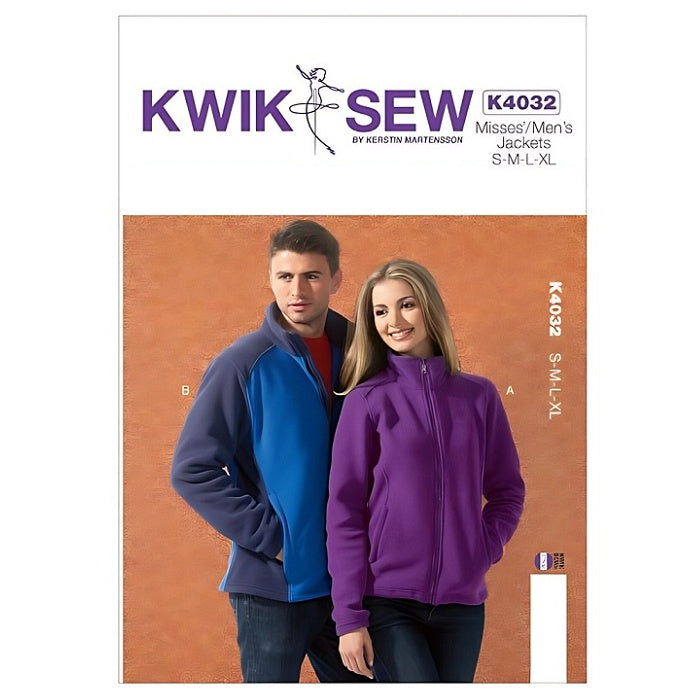 Sewing pattern cover with mens and misses stand up collar fleece jackets.