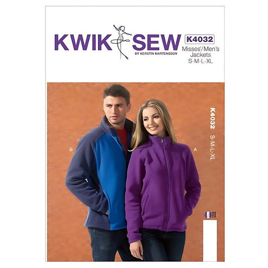 Sewing pattern cover with mens and misses stand up collar fleece jackets.