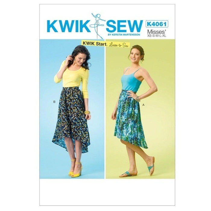 Sewing pattern cover with misses high low hem skirt.