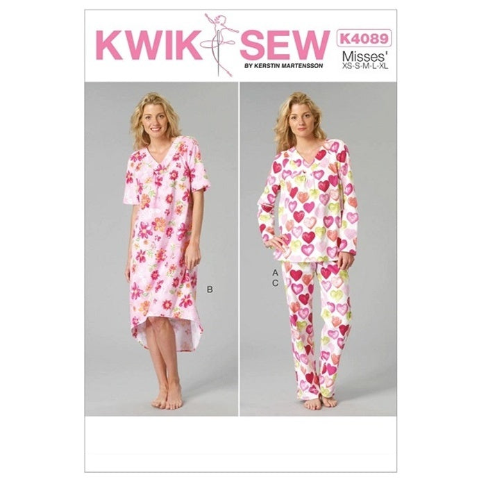 Sewing pattern cover with misses V-neck pyjamas and gown.